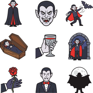 Count Dracula vampire poses grid set showing cape blood glass coffin rose bat silhouette vector illustration