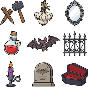 Gothic vampire elements set with stakes mallet garlic mirror potion bat fence candle tombstone open coffin vector illustration