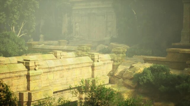 Misty overgrown Chacoinspired stone terraces with mosscovered blocks and soft morning light, layered composition evokes ancient ceremonial architecture