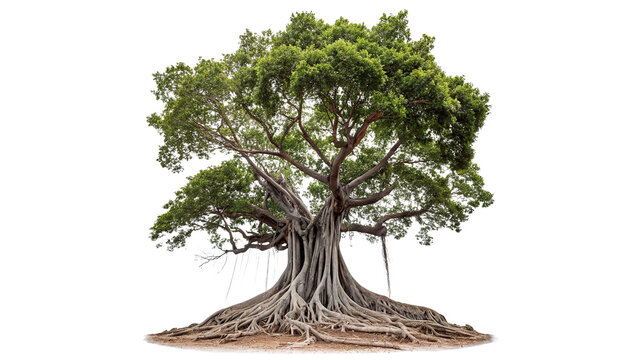 Large old green banyan tree with multiple thick roots isolated on transparent background