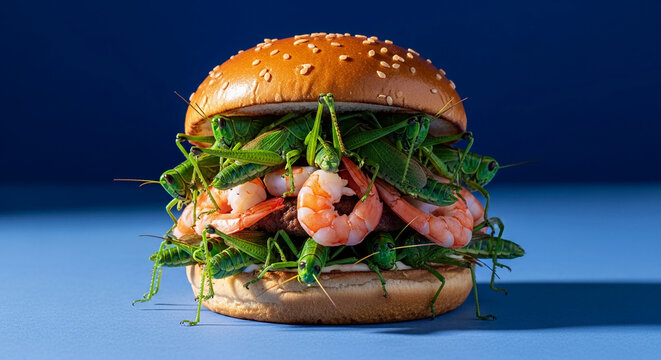 A burger filled with shrimp and grasshoppers, representing unconventional food choices and insect protein, a creative food concept
