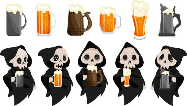set of icons featuring skeletons in black robes with various facial expressions and glasses of different beers, a Halloween character for festive designs