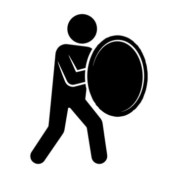 A black vector pictogram of a stick figure person holding an oval shield to block attacks, representing safety, security, and defense.