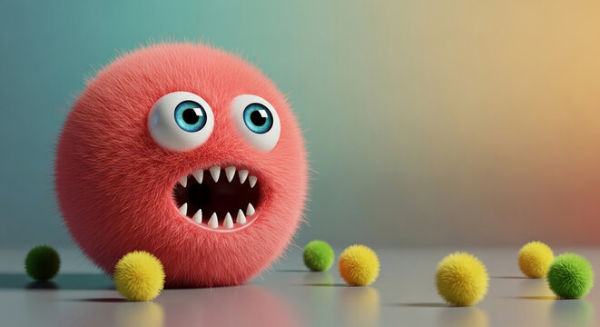 Fuzzy pink character with large blue eyes and sharp teeth, symbolizing playful mischief or a friendly monster, perfect for graphic design.