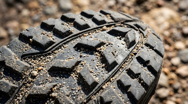 Extreme close-up of rugged tire tread covered with dirt and grit, highlighting traction, automotive texture, road safety, vehicle maintenance, durability, and off-road performance.
