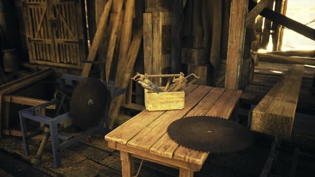 Worn handcrafted wooden toolbox resting on workbench amid dusty sunlight and shadowy saw outlines creating nostalgic mood inside old mining structure