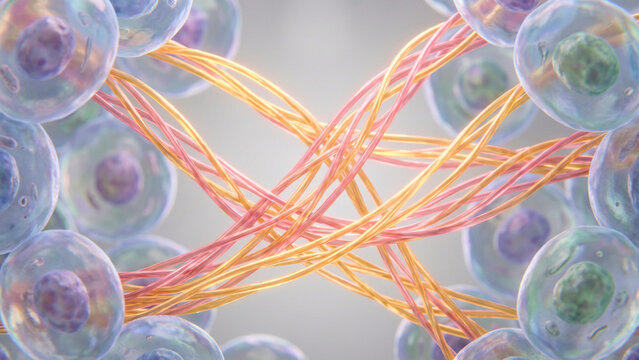 Microscopic-style illustration showing collagen fibers surrounded by skin cells and tissue structures.
