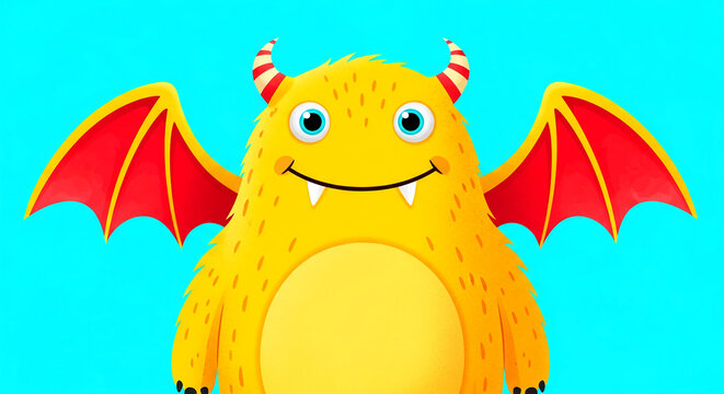 A yellow cartoon monster with red wings and striped horns, symbolizing fun, fantasy, and childhood imagination, perfect for playful themes