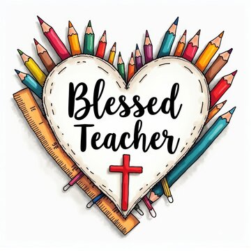 Heart Shaped Design with Colorful Pencils and Cross for Teacher Appreciation