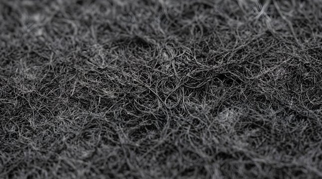 Abstract close-up of dense black and gray tangled fibers, creating a rough organic texture suitable for backgrounds, textiles, material studies, industrial design, and visual concepts.

