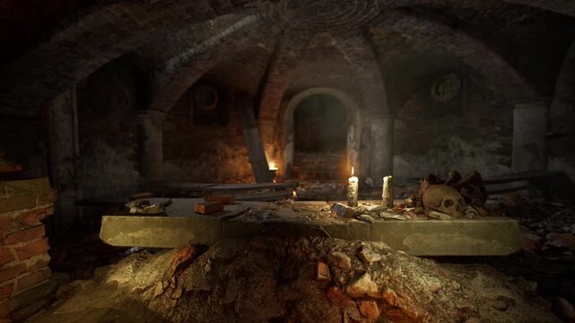 Candlelit Gothic Crypt with Skulls, Seamless Static Loop