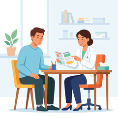 Fototapeta premium Doctor consulting patient, discussing medical information in a bright, modern clinic office. Flat illustration style.