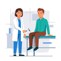 Obraz premium Doctor examining patient with reflex hammer, flat vector illustration concept for medical check-up and neurology.