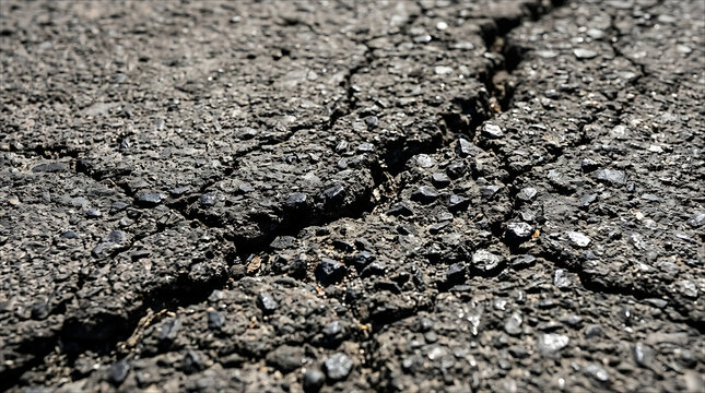 Extreme close-up of cracked dark asphalt with rough granular texture, representing road damage, pavement wear, construction, infrastructure, erosion, repairs, and urban conditions.

