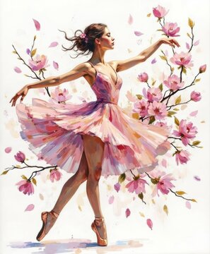 Elegant ballerina dancing among blooming cherry blossoms in a flowing tutu