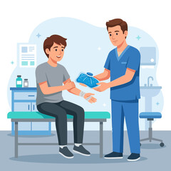 Obraz premium Doctor applying ice pack to patient's injured arm in clinic, flat design, medical concept.