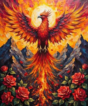 Majestic fiery phoenix soaring above mountain range with roses and full moon