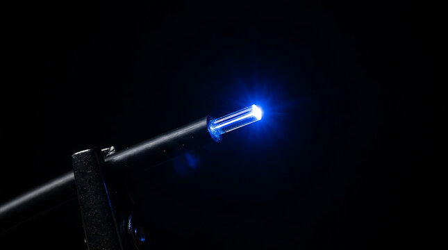 Glowing blue electrical connector or illuminated plug against a dark background, creating a futuristic technology concept focused on power, energy, electronics, connection, and innovation.
