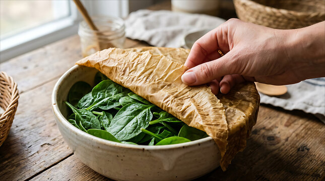 Fresh leafy vegetables being wrapped in brown paper, representing sustainable food packaging, groceries, healthy eating, organic produce, eco-friendly shopping, and responsible consumption.
