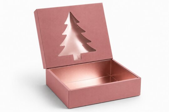 Open luxury dusty pink Christmas gift box mockup with pine tree cutout on the lid and rose gold interior, isolated on white background. Elegant holiday packaging template.