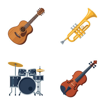 Musical instruments displayed as individual icons include an acoustic guitar, a brass trumpet, a drum set, and a wooden violin.