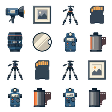 Photography equipment icons feature cameras, tripods, light modifiers, memory cards, and film rolls arranged in a systematic grid layout.