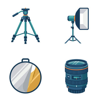 Photography equipment including a tripod, studio light, reflector, and camera lens provides essential gear for professional visual production.