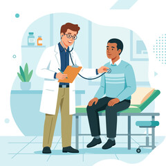 Fototapeta premium Doctor Examining Patient with Stethoscope in Modern Clinic Room - Flat Design Vector Illustration