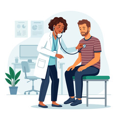 Obraz premium Doctor Examining Patient with Stethoscope in Modern Clinic Room - Flat Illustration