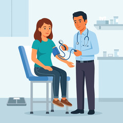 Fototapeta premium Doctor checking patient's blood pressure in a modern clinic, healthcare consultation illustration