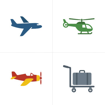 Aviation icons featuring a commercial jet, a helicopter, a propeller plane, and a luggage cart are arranged in a square format.