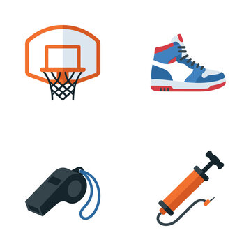 Sporting equipment icons feature a basketball hoop, a high-top sneaker, an athletic whistle, and a handheld air pump for various fitness and recreational activities.