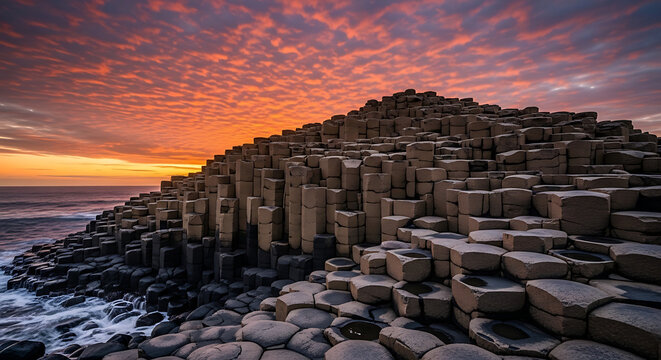 Volcanic Landscape Dramatic Sky Basalt Columns Sunset