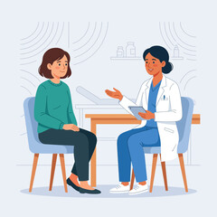Obraz premium Doctor consulting patient in a clinic, flat vector illustration. Medical consultation, healthcare, and wellness concept.