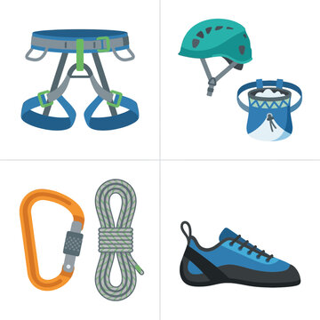 Climbing equipment including a harness, helmet, chalk bag, carabiner, rope, and shoe are shown as flat icons.