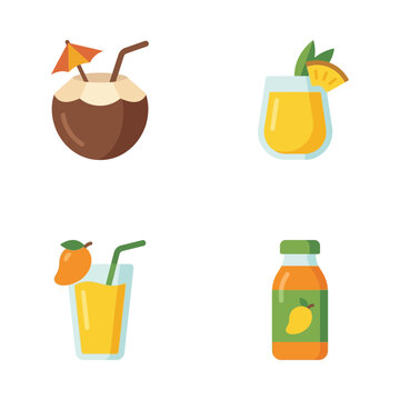 Mango juice and fruit beverages are presented as a collection of simple flat vector graphic icons.
