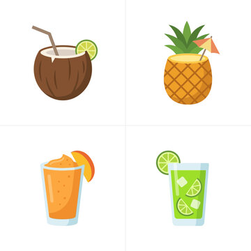 Tropical cocktails including coconut, pineapple, and citrus drinks are displayed as colorful flat vector icons.