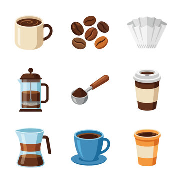 Coffee preparation accessories like mugs, beans, scoops, and brewing equipment are organized in a collection of flat icons.