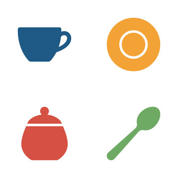 Kitchen icons representing a blue coffee cup, an orange plate, a red sugar container, and a green spoon are displayed on a white background.