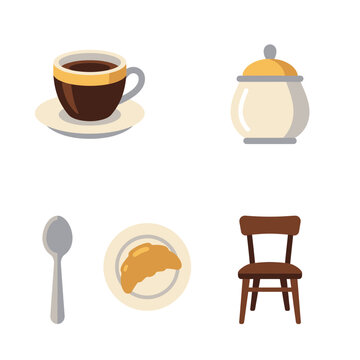 Breakfast items including a coffee cup, sugar bowl, spoon, croissant, and a wooden chair are arranged as a collection of icons.
