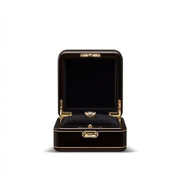 Luxury engagement diamond ring placed inside open dark wooden jewelry box with black velvet lining and gold hardware on plain white background showing precious jewelry