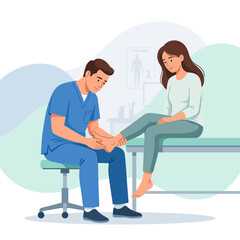 Obraz premium Doctor examining patient's foot in clinic, flat vector illustration. Podiatry, physiotherapy, medical check-up concept.