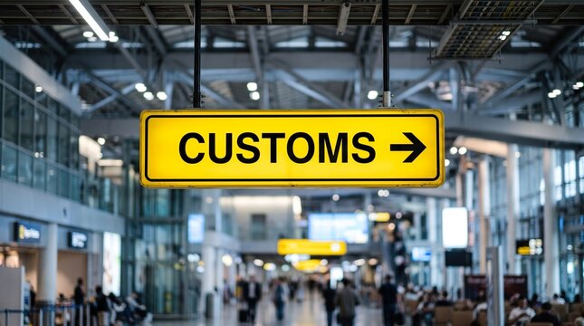 Yellow customs directional sign hanging from airport terminal ceiling helps international travelers find way through border control.