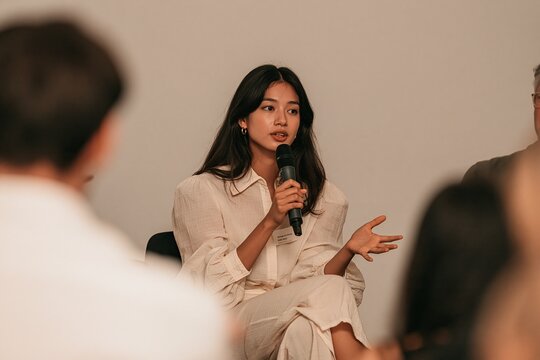 Young asian business woman holding microphone speaking and gesturing during panel discussion at business conference with audience in foreground showing female leadership