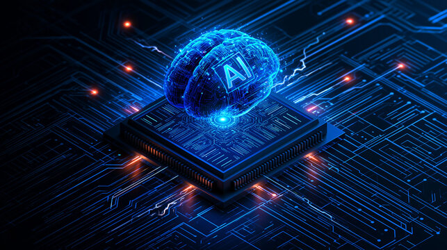 Digital concept of artificial intelligence with a glowing human brain schematic hovering above a computer processor circuit board on a dark blue background, intelligence