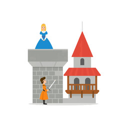 Fairytale scene with brave knight saving princess standing on medieval stone castle tower top © smart art