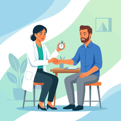 Fototapeta premium Doctor examining patient's pulse with stopwatch, simple flat vector illustration, healthcare concept