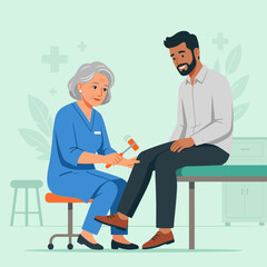 Fototapeta premium Doctor examining patient's reflexes with a reflex hammer, healthcare and medical checkup illustration