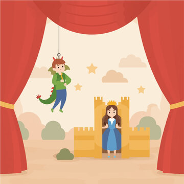 A charming stage play scene with a flute-playing dragon character and a princess in her castle, depicting a whimsical fairy tale for children