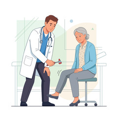 Fototapeta premium Doctor Examining Senior Patient's Reflexes with Hammer in Medical Clinic - Flat Vector Illustration